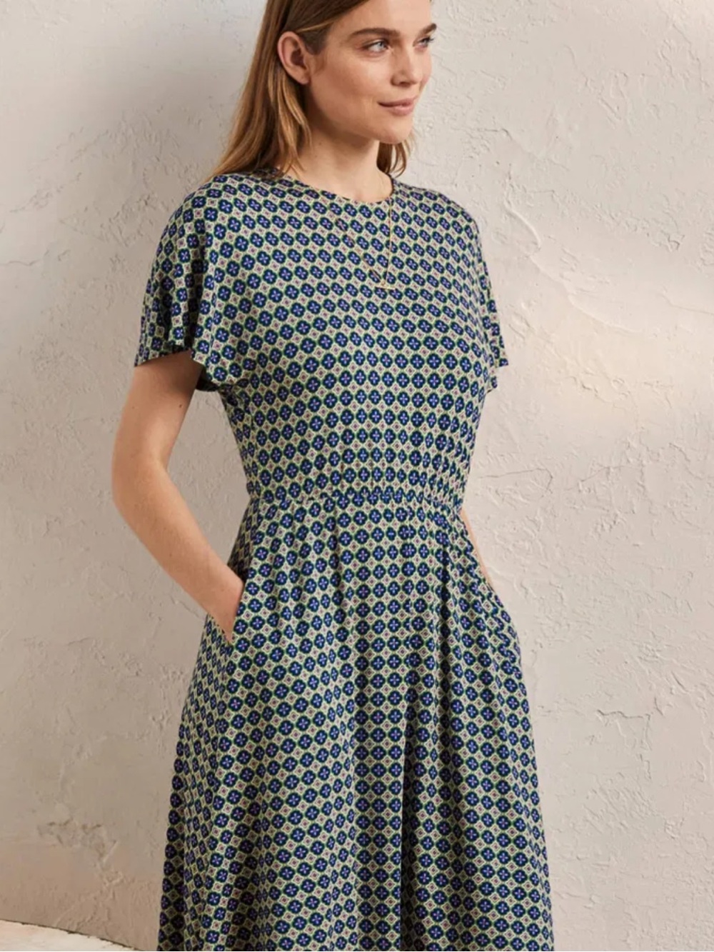 Boden Green Flutter Sleeve Jersey Dress in Moroccan Diamond Print Sz 12